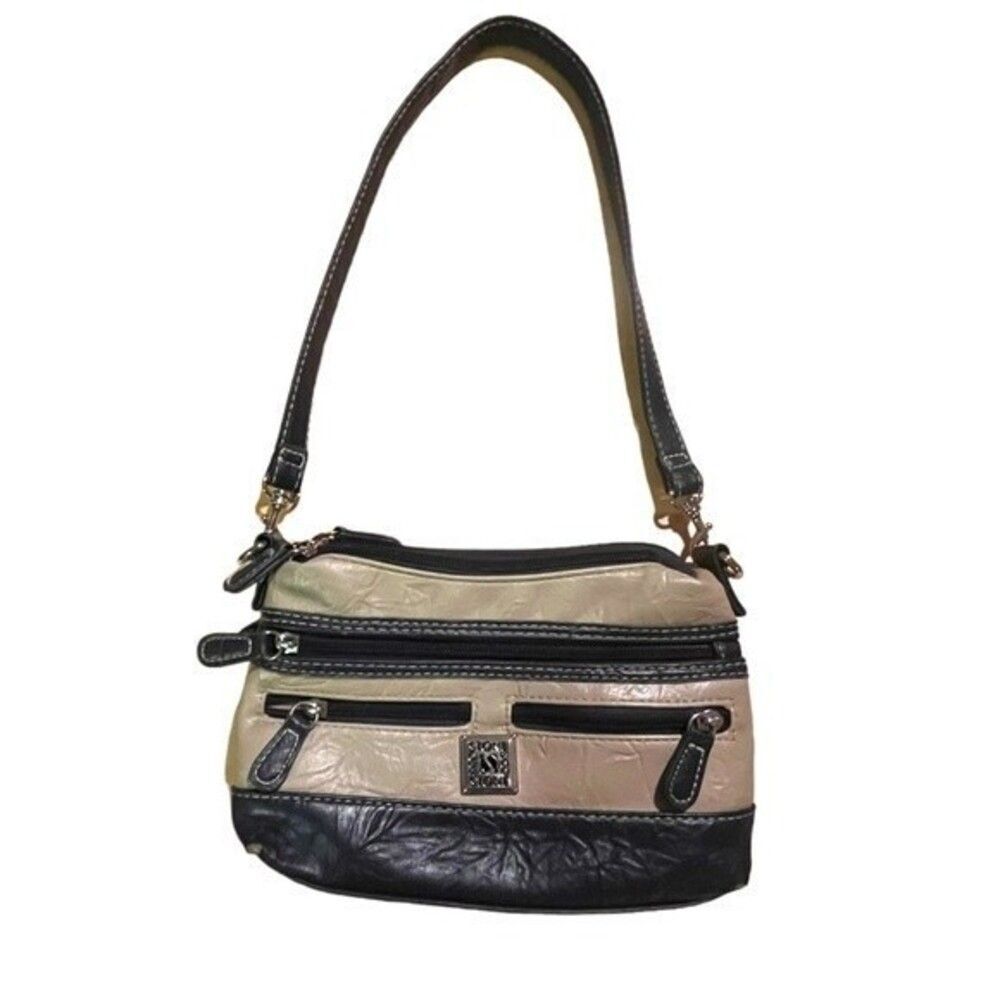 Stone & Co Tumbled Leather Beige & Navy Blue Small Double Zip Shoulder Bag Purse